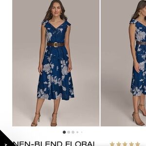 NWT Donna Karen Navy Floral Midi Dress Linen Blend Womens 10